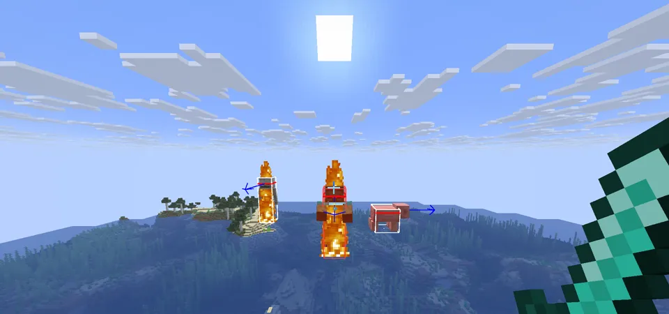 Hitboxes drawn around a zombie, a pig and a skeleton