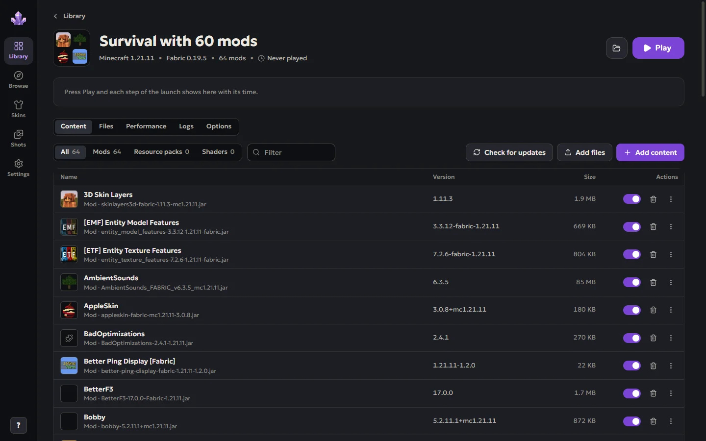 An instance in the Amethyst launcher: its 64 mods with versions, sizes and switches