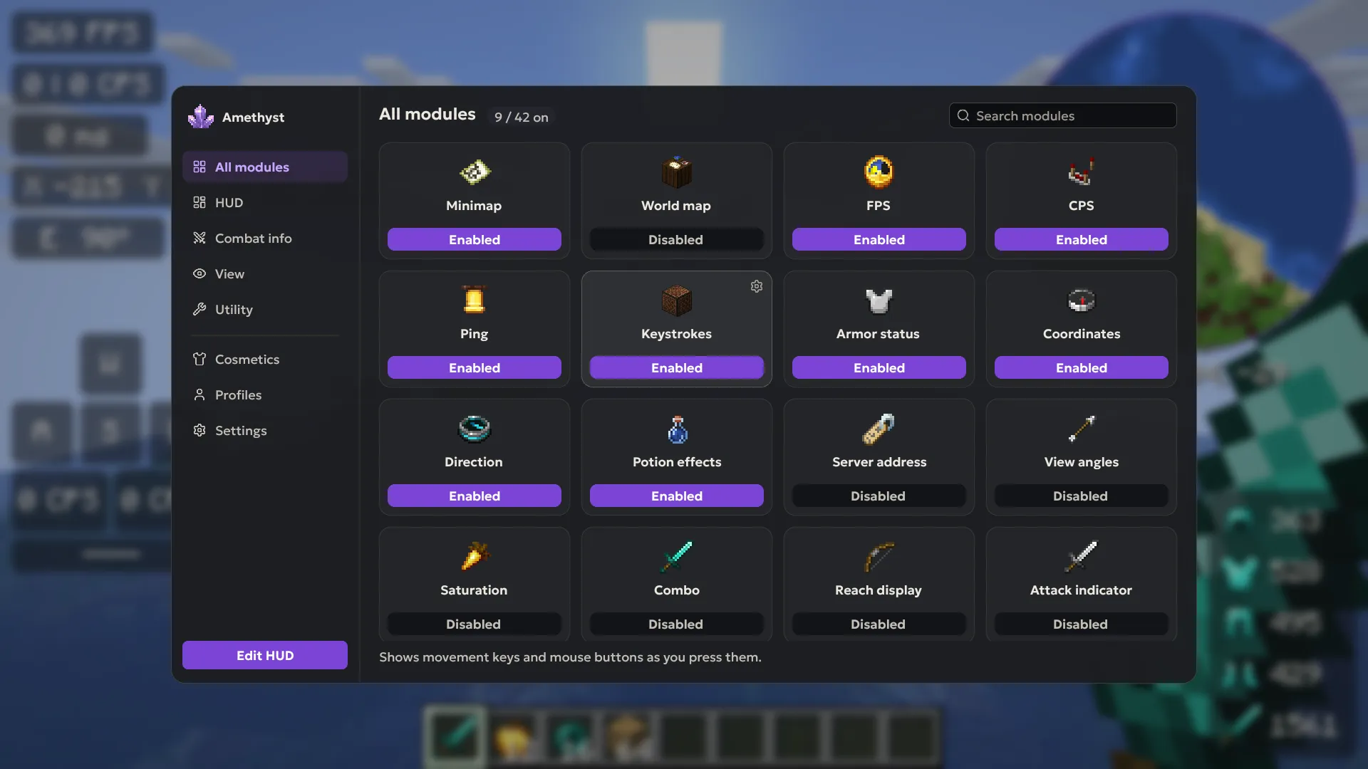 The Amethyst Right Shift menu open over the game, with module cards by category